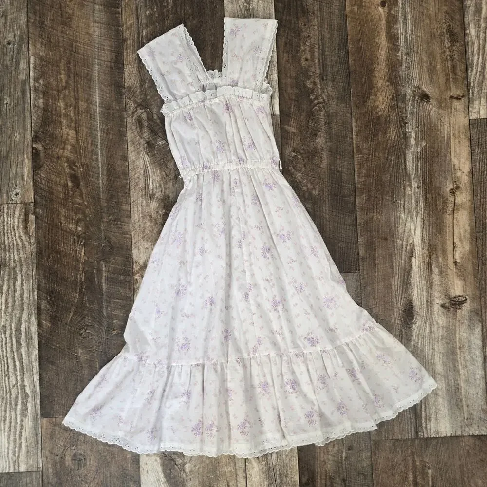 Vintage Girls Floral Prairie Midi Dress Eyelet Cottagecore Lavender Lace Size 7